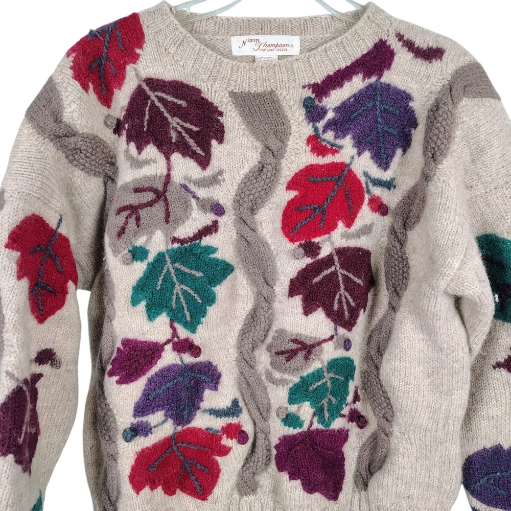 Womens XL Norm Thompson Leaf Wool Sweater Multicolor Intarsia Cottagecore Vtg